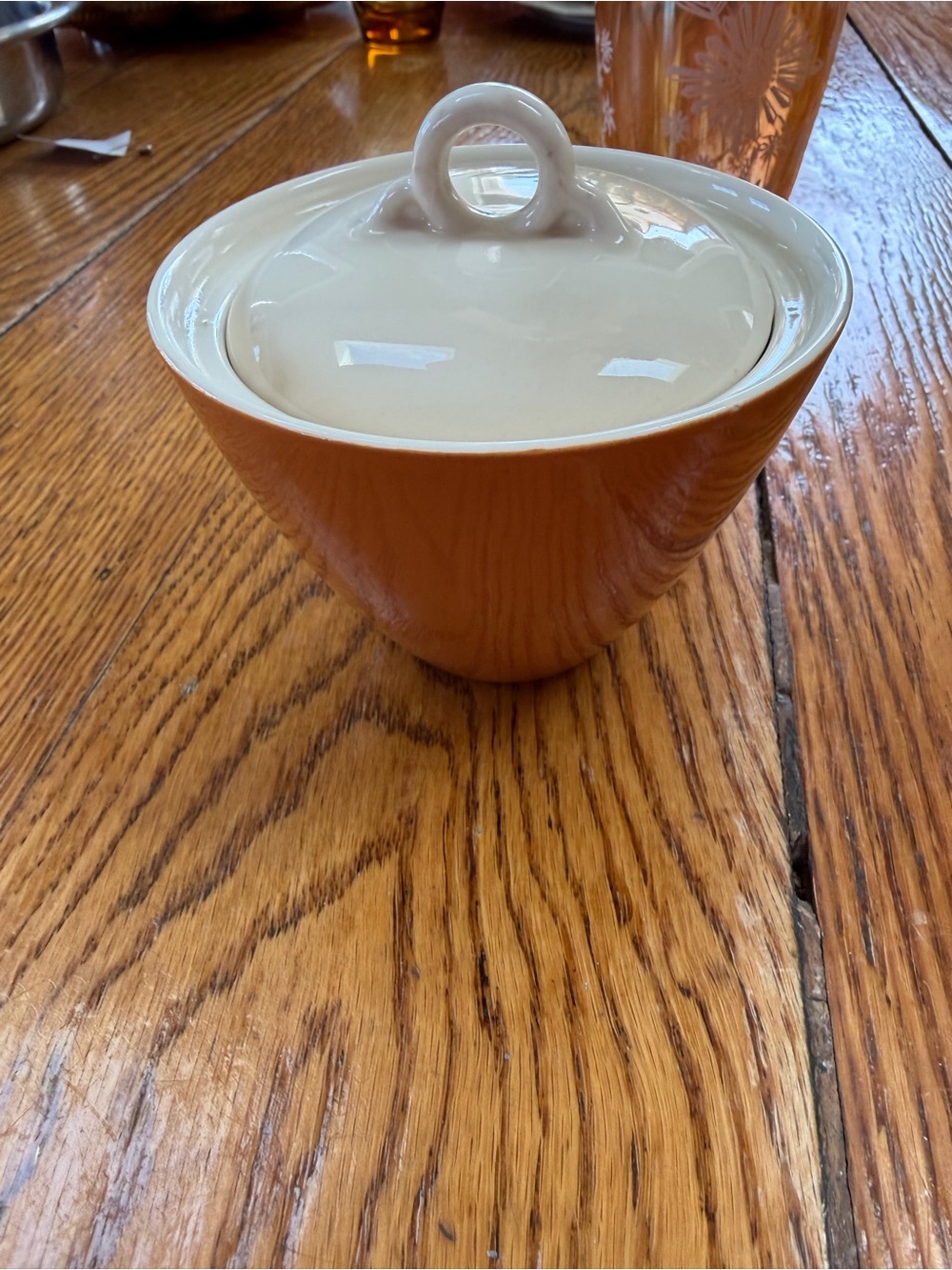 Mikasa Cera-Stone lidded sugar bowl.  Small chip on rim. Fair condition